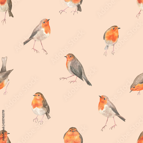 Seamless pattern of robins in different poses beige