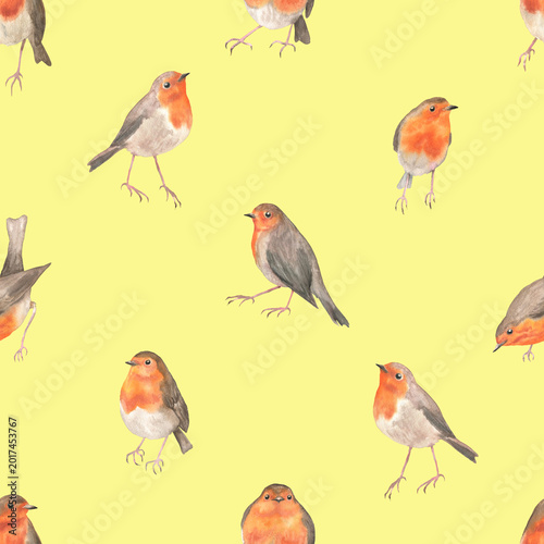 Seamless pattern of robins in different poses yellow