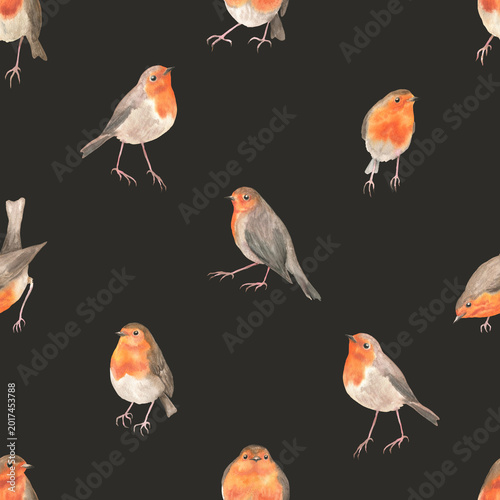 Seamless pattern of robins in different poses black