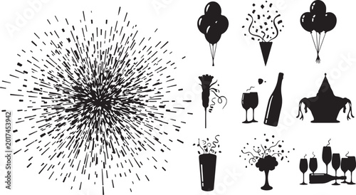 Party icons, celebration symbols, black vector set, festive elements