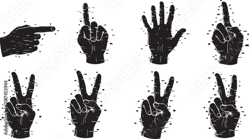 Hand gestures, finger signs, number icons, black vector set