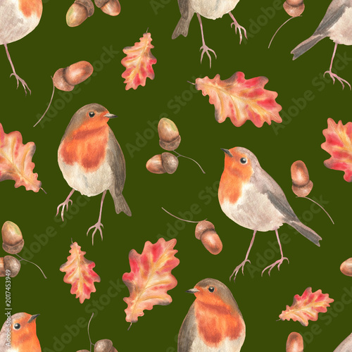 Seamless pattern robin acorns and oak leaves deep green