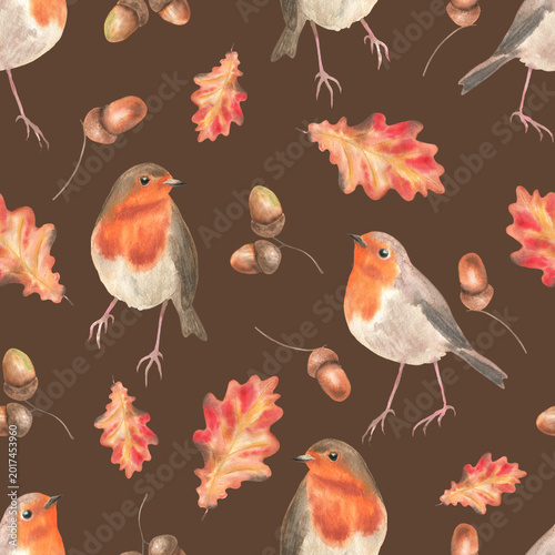 Seamless pattern robin acorns and oak leaves brown
