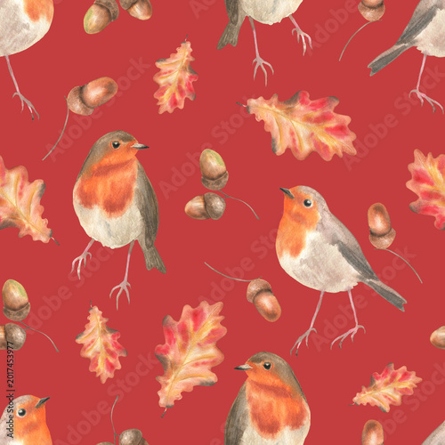 Seamless pattern robin acorns and oak leaves red