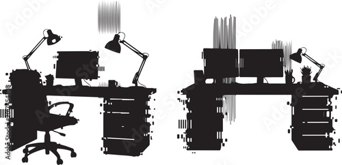 Office Workstations, Modern Desks, Computer Stations, Workspace Vector Icons