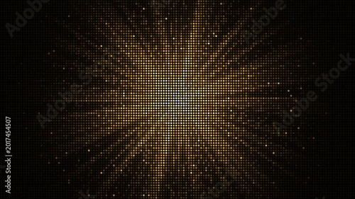 Abstract glowing gold pixel screen background with radiating light beams