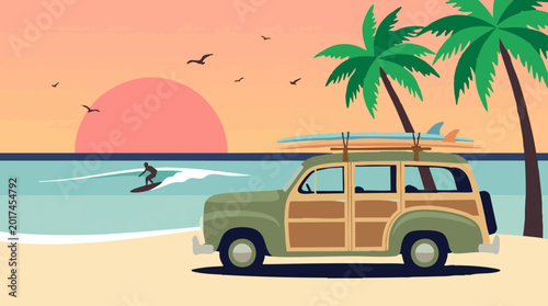 Εκτύπωση καμβά Retro woody car with surfboards on a tropical beach at sunset illustration