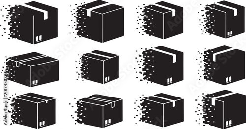 Black boxes, vector icons, 12 pieces, isolated on white background