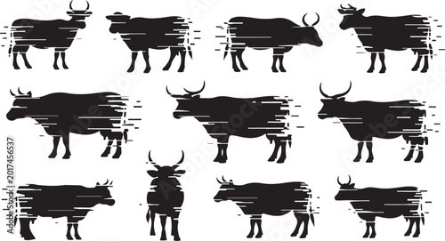 Black cow silhouettes, brush stroke bulls, vector icons, farm animals