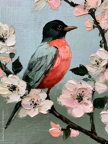 Textured Oil Painting of an Orange-Breasted Robin on a Blooming Spring Branch