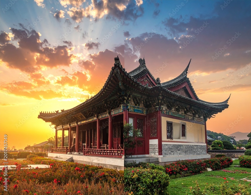 Fototapeta premium Ancient Chinese Temple Gate with Day and Night Split Effect Under a Cloudy Sky - AI Generated