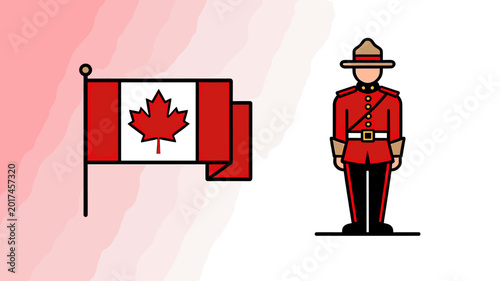 Illustration of the Canadian flag with a red maple leaf and a Royal Canadian Mounted Police officer in traditional uniform.