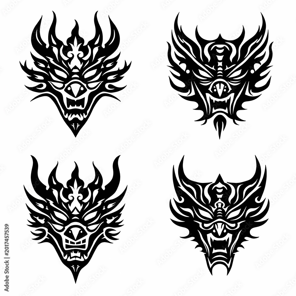Naklejka premium Four black demon mask illustrations with sharp horns and fierce expressions on white background