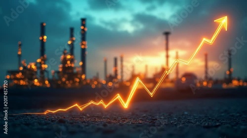 Oil gas price increase concept. Industrial oil refinery plant at dusk in background. Glowing upward financial market graph in futuristic style. Rising energy prices and economic growth trend.