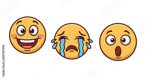 Foto Three cartoon emoji faces showing different emotions happiness sadness surprise