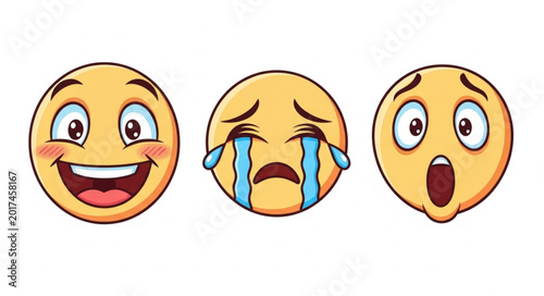 Fotografie Three cartoon emojis showing different emotions happiness sadness surprise