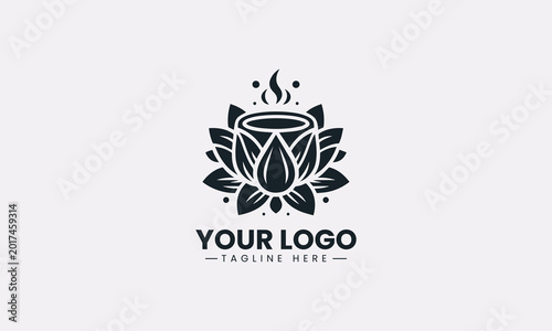A lotus flower coffee cup is illustrated in minimalist black vector logo design