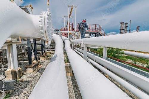 Male worker inspection at steel long pipes and pipe elbow in station oil factory during refinery valve of visual check record pipeline tank oil