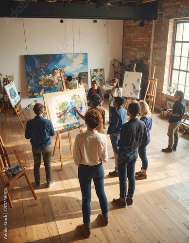 Art students gather around instructor in studio