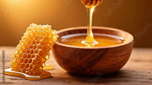 Golden honey in wooden jar