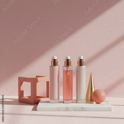 A minimalist display of elegant cosmetic bottles and geometric shapes in a pink