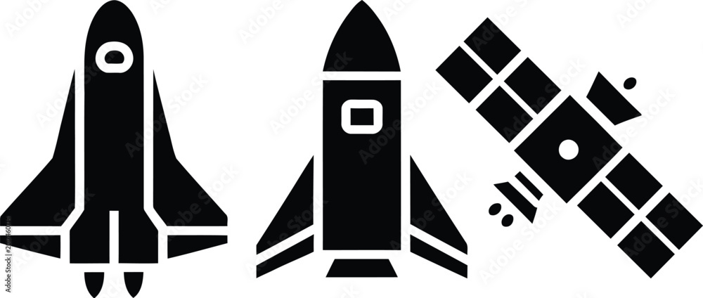 Fototapeta premium Black and white space shuttle, rocket, and satellite vector icons set