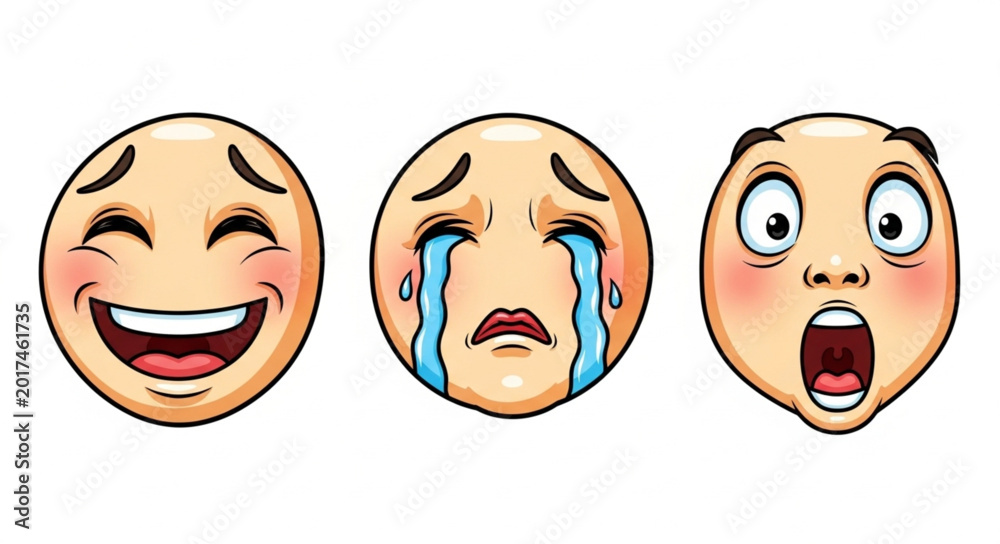Fotografie Three expressive emoji faces showing joy sadness and shock.