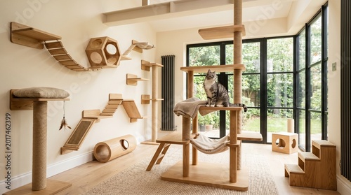 Modern indoor cat sanctuary featuring custom-built wooden furniture and a playful environment for pets to climb, relax, and explore in style