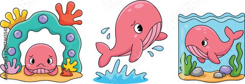 Photography Cartoon pink whale illustrations with coral, ocean jump, and aquarium vector des