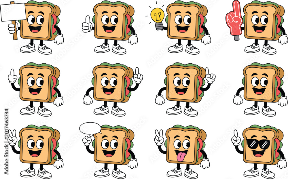 Fototapeta premium Cartoon sandwich character illustrations with expressive poses, food mascot, and playful vector design concepts