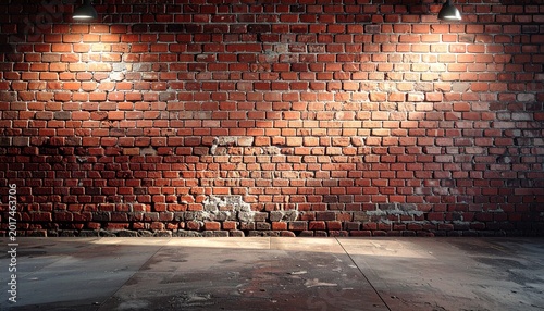 A dimly lit industrial warehouse interior with brick wall and concrete floor illuminated by two spotlights