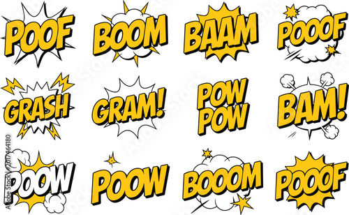 Comic sound effect illustrations with colorful bursts and dynamic onomatopoeia vector design concepts