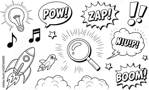 Comic-style cartoon illustrations with rocket, speech bubbles, and pop art action vector design concepts