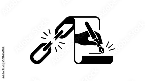 Black and white illustration of hand writing on scroll with broken chain