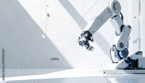 Advanced robotic arm in a clean white futuristic laboratory environment