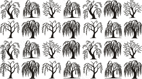 Bild auf Leinwand Stylized tree illustrations with alternating willow foliage patterns and decorat