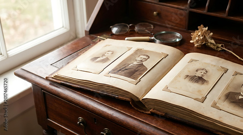 Open vintage photo album on an antique wooden desk showcasing sepia portraits and cherished memories