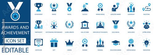 Tableau sur toile Awards and achievement icon set featuring reward, business, success, and leadership symbols