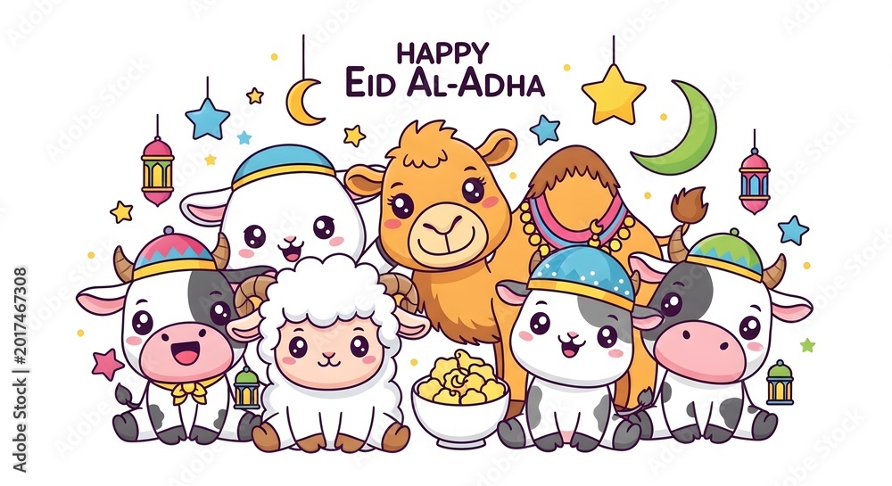 Fototapeta premium Cute Cartoon Animals Collection with Camel, Sheep, and Cow for Eid Al-Adha