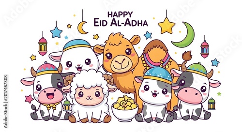 Cute Cartoon Animals Collection with Camel, Sheep, and Cow for Eid Al-Adha