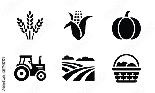 Autumn farm harvest icons featuring golden wheat stalks corn pumpkin and tractor.