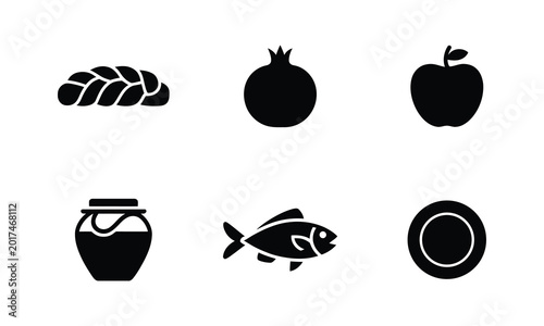 Fotografía Jewish holiday food icons set with challah bread apple honey and pomegranate art