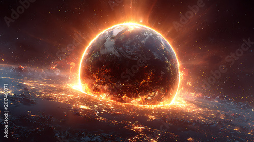 Planet earth engulfed by fiery