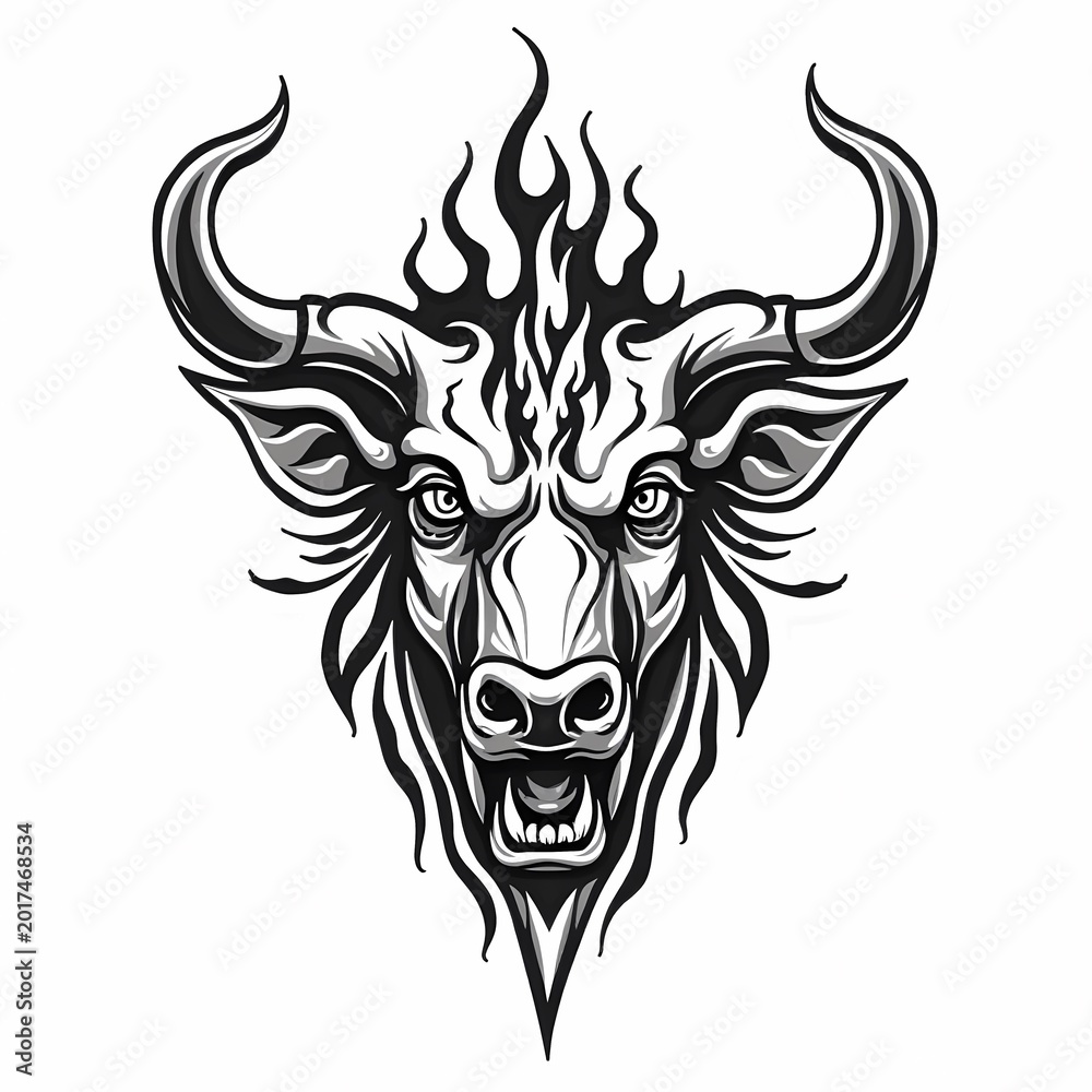 Obraz premium Stylized bull head with fiery horns and fierce expression in black and white vector illustration