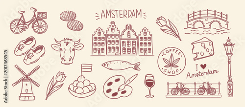 Photography Vector doodle set of Amsterdam city symbols