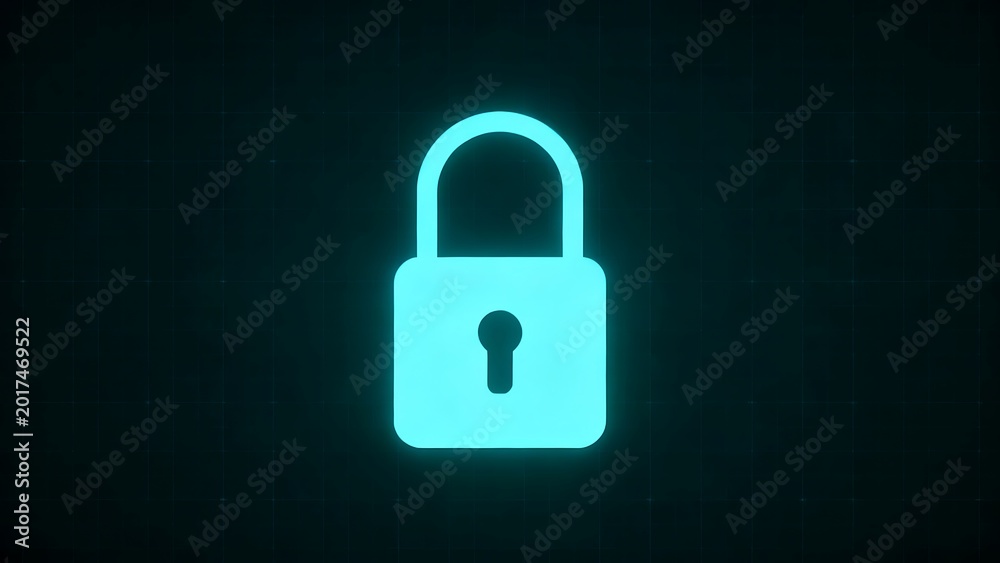 Fototapeta premium Glowing neon blue padlock digital icon isolated on dark grid background representing cybersecurity protection data.