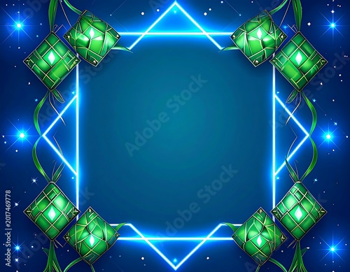 A vibrant, framed design with glowing neon, featuring  green, decorative objects