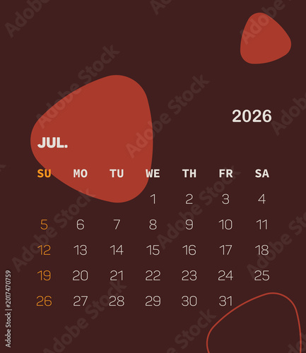 Abstract Minimal July 2026 Calendar Vector, Modern Colorful Monthly Planner Design, Clean UI Calendar Template