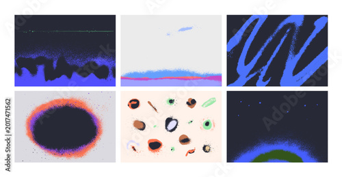 Abstract texture backgrounds set in modern style. Blurry grainy brushstroke patterns, blur fluids, soft grain and glowing noise, random shapes. Creative backdrop designs. Flat vector illustrations