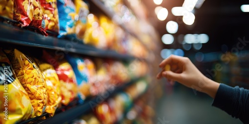Shelves of colorful snack bags are blurred as a hand reaches out